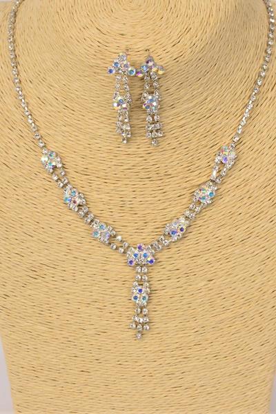 Necklace Sets Rhinestone Flowers / Sets Post , Size -18" Extension Chain , Black Velvet Display Card & OPP Bag & UPC Code , Choose Colors