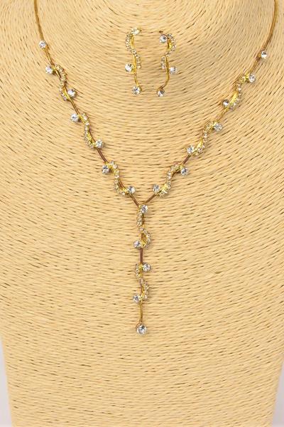 Necklace Sets Gold Snake Chain W Rhinestone / Sets Post , 18" w Extension Chain , Velvet Display Card & OPP Bag & UPC Code 
