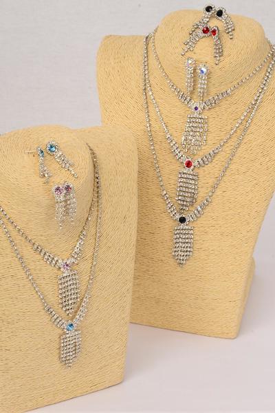 Necklace Sets Rhinestone Drops /Sets Post , Size-18" w Extension Chain , Black Velvet Display Card & OPP Bag & UPC Code , Choose Colours