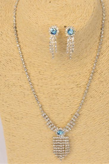 Necklace Sets Rhinestone Drops Aqua / Sets Aqua , Post , 18" w Extension Chain , Black Velvet Display Card & OPP Bag & UPC Code