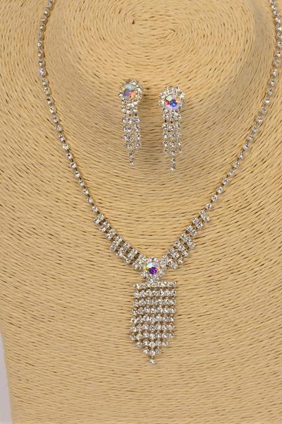 Necklace Sets Rhinestone Drops Post / Sets  Post , Size -18" w Extension Chain , Black Velvet Display Card & OPP Bag & UPC Code , Choose Colors