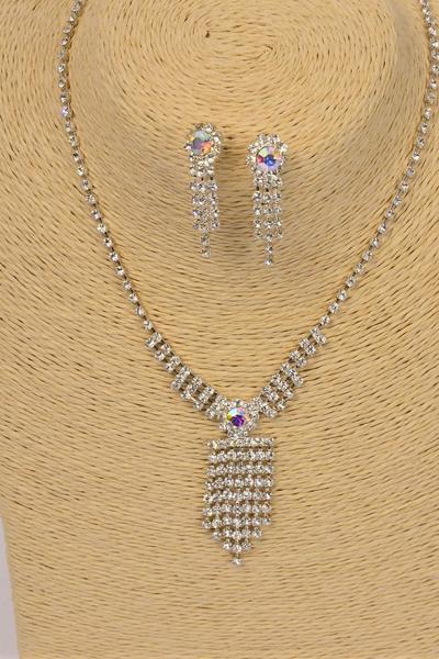 Necklace Sets Rhinestone Drops /Sets Post , Size-18" w Extension Chain , Black Velvet Display Card & OPP Bag & UPC Code , Choose Colours