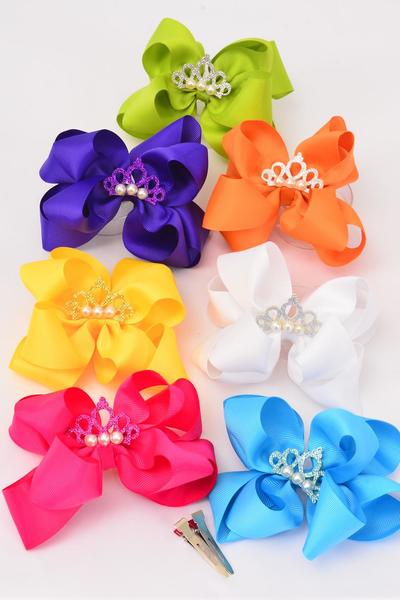 Hair Bow Jumbo Double Layered Center Glitter Pearl Tiara Citrus Grosgrain Bow-tie / 12 pcs Bow = Dozen Alligator Clip , Size - 6" x 5" Wide , 2 White , 2 Yellow , 2 Blue , 2 Fuchsia , 2 Purple , 1 Orange , 1 Lime Color Asst , Clip Strip & UPC Code
