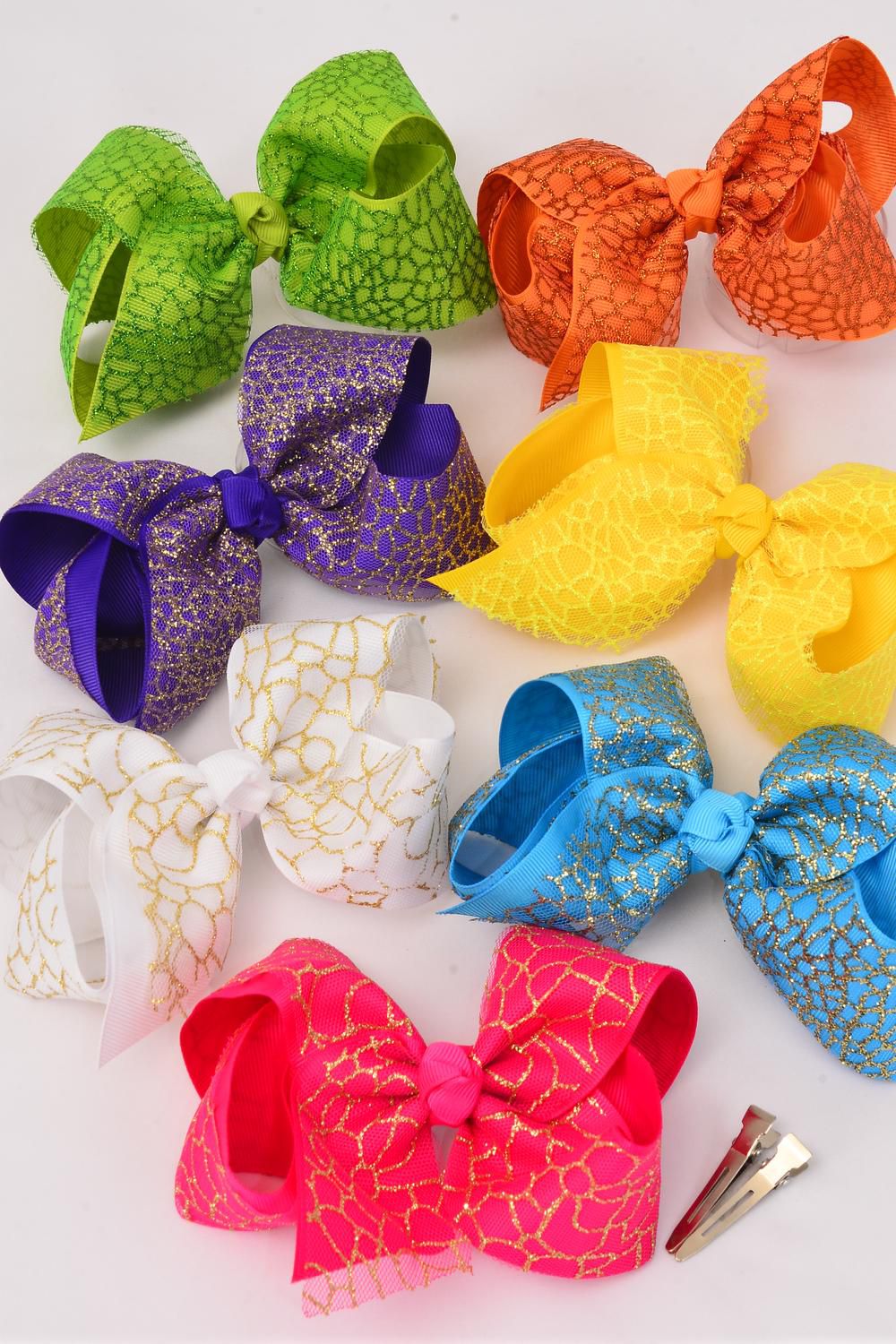 Hair Bow Extra Jumbo Metallic Crackle Citrus Grosgrain Bowtie/DZ