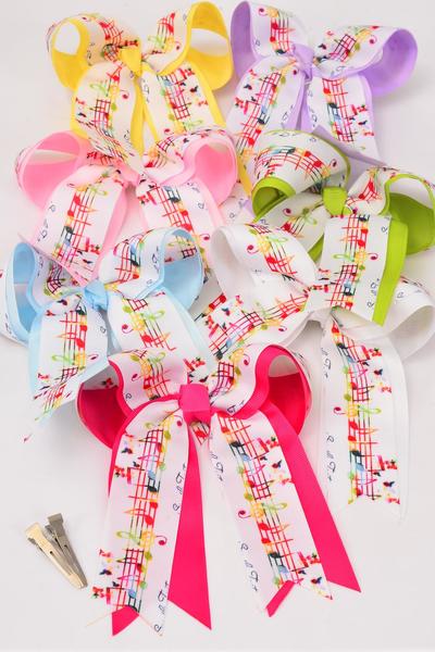 Hair Bow Large Long Tail Music Note Double Layered Grosgrain Bow-tie Multi / 12 pcs Bow = Dozen Alligator Clip , Size - 6.5" x 6" Wide , 2 White , 2 Yellow , 2 Blue , 2 Hot Pink , 2 Lavender , 1 Pink , 1 Green Color Asst , Clip Strip & UPC Code