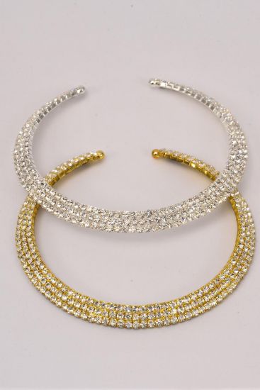 Necklace Choker Choker 3 Layered Flexible Rhinestones Gold Silver Asst / 12 PC = Dozen ASST ,  Flexible , 16" Wide , 6 Gold , 6 Silver Color Asst , Black Velvet Display & OPP Bag & UPC Code