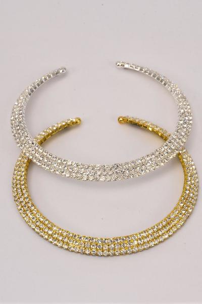 Necklace Choker Choker 3 Layered Flexible Rhinestones / 12 PC = Dozen Flexible , 16" Wide , Black Velvet Display & OPP Bag & UPC Code , Choose Finishes