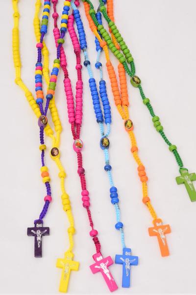 Necklace Wooden Beads Crucifix Mother Virgin Mary Rosary Multi / 12 pcs = Dozen 32" Long , 2 of each Color Asst , Hangtag & Opp bag & UPC Code