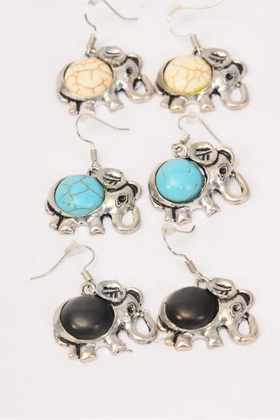 Earrings Metal Antique Elephant Semiprecious Stone / 12 pair = Dozen match 75029 Fish Hook , Size - 1" x 1" Wide , 4 Black , 4 Ivory , 4 Turquoise Asst , Earring Card & OPP Bag & UPC Code