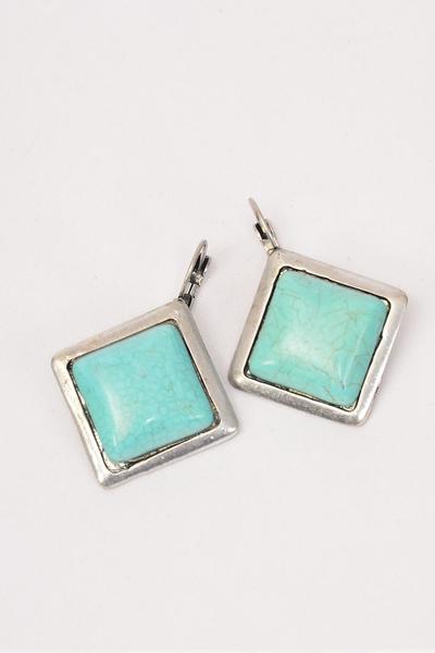 Earrings Diamond Shape Real Semiprecious Stone / PC French Post , Size - 1" Wide , Choose Green or Blue Turquoise , Black Velvet Display Card & OPP bag & UPC Code