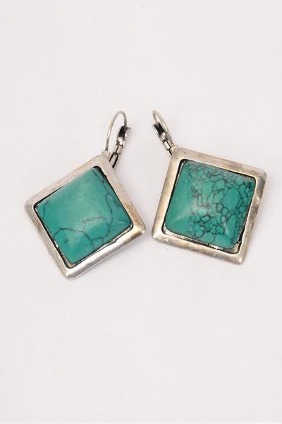 Earrings Diamond Shape Real Semiprecious Stone / PC French Post , Size - 1" Wide , Choose Green or Blue Turquoise , Black Velvet Display Card & OPP bag & UPC Code