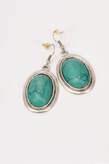 Earrings Oval Real Semiprecious Stone Green / pcs Fish Hook , Size - 1.5" x 1" Wide , Choose Colors ,  w Black Velvet Earring Card & OPP Bag & UPC Code