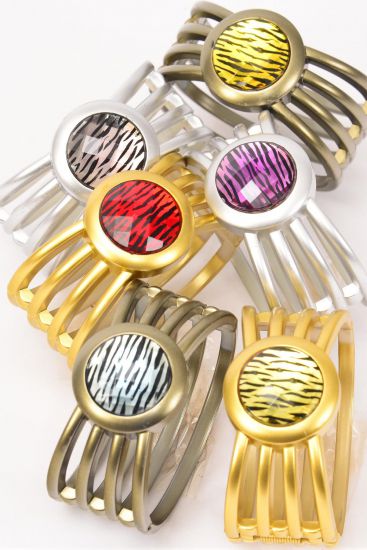 Bracelet Bangle Acrylic Hinge Round Zebra / 12 pcs = Dozen Zebra , Hinge , Size - 2.75" x 1.25" , 2 of each Color Asst , Hang Tag & OPP Bag & UPC Code