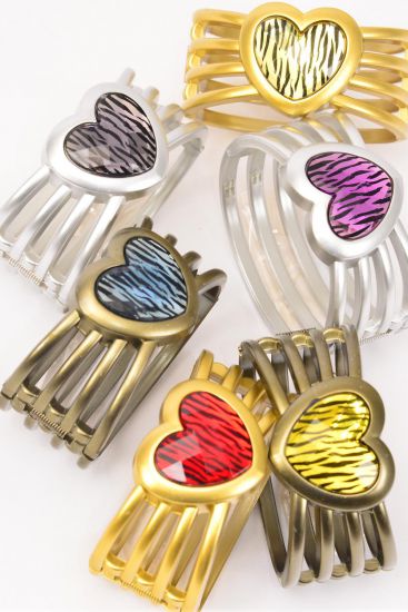 Bracelet Bangle Hinge Heart Zebra Prints / 12 pcs = Dozen Heart , Hinge , Size - 2.75" x 1.25" Wide , 2 of each Pattern Asst , Hang Tag & OPP Bag & UPC Code