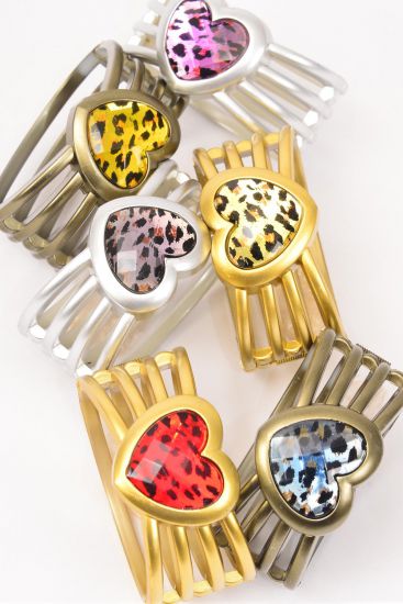 Bracelet Bangle Hinge Heart Leopard Print Mix / 12 pcs = Dozen Size - 2.75" x 1.25" Wide , 2 of each Color Asst , Hang Tag & OPP Bag & UPC Code