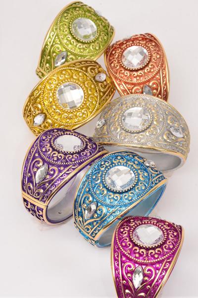 Bracelet Bangle Acrylic Hinge Clear Stones Gold Trim / 12 pcs = Dozen Size - 2.75" x 1.75" Dia Wide , 2 Silver , 2 Fuchsia , 2 Blue , 2 Purple , 2 Yellow , 1 Lime , 1 Orange Mix , Hang Tag & OPP bag & UPC Code