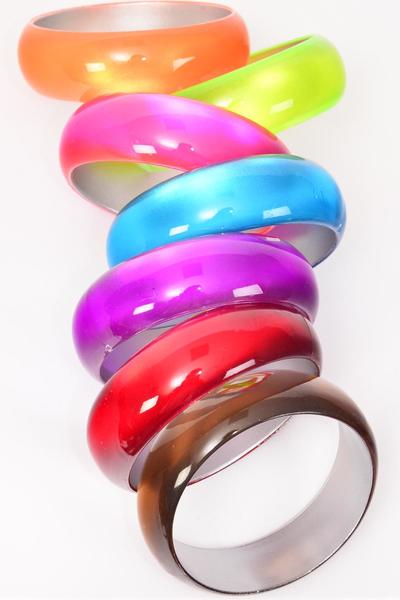 Bracelet Bangle Acrylic Cat-eye Multi / 12 pcs = Dozen Multi , Size - 2.75" x 1" Dia Wide , 2 Red , 2 Pink , 2 Blue , 2 Brown , 2 Purple , 1 Orange , 1 Lime Color Asst , Hang Tag & Opp bag & UPC Code