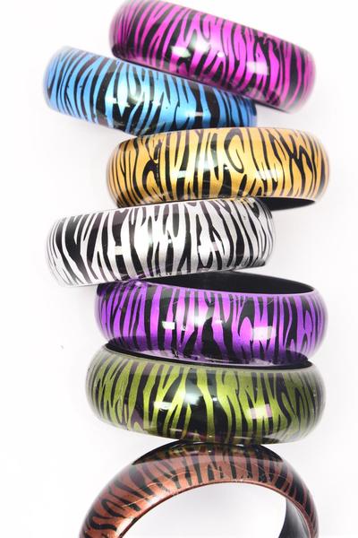 Bracelet Bangle Acrylic Zebra Print / 12 pcs = Dozen Size-2.75" x 1" Dia Wide , 2 Silver, 2 Gold, 2 Fuchsia, 2 Purple, 2  Blue, 1 Olive,1 Brown Color Asst, Hang Tag & Opp Bag & UPC Code