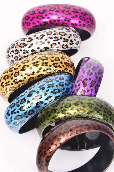 Bracelet Bangle Acrylic Leopard Print Multi / 12 pcs = Dozen Multi , Size - 2.75" x 1" Dia wide , 2 Silver , 2 Gold , 2 Fuchsia , 2 Purple , 2 Brown , 1 Olive , 1 Blue Color Asst , Hang Tag & Opp Bag & UPC Code