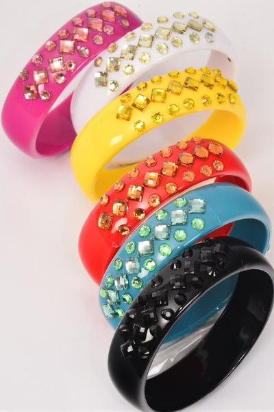 Bracelet Bangle Acrylic Both Side have Color Stones / 12 pcs = Dozen Size-2.75"x 1" Dia Wide , 2 of each Color Asst , Hang Tag & OPP Bag & UPC Code