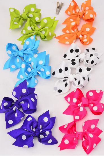 Hair Bow 24 pcs Polka dots Citrus Grosgrain Bow-tie / 24 pcs Bow = Dozen  Alligator Clip , Size - 4" x 3" Wide , 2 White , 2 Hot Pink , 2 Blue , 2 Purple , 2 Yellow , 1 Orange , 1 Lime Color Asst , Clip Strip & UPC Code 