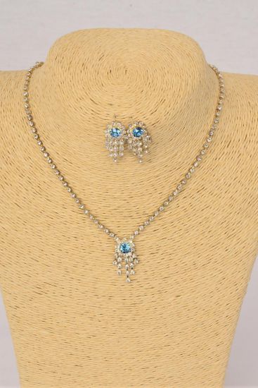 Necklace Sets Choker Blue Rhinestones / Sets Blue , Post , 16" Extension Chain , Velvet Display card & Opp Bag & UPC Code