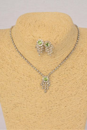 Necklace Sets Choker Lime Rhinestones / Sets Lime , Post , 16" Extension Chain , Velvet Display Card & Opp Bag & UPC Code