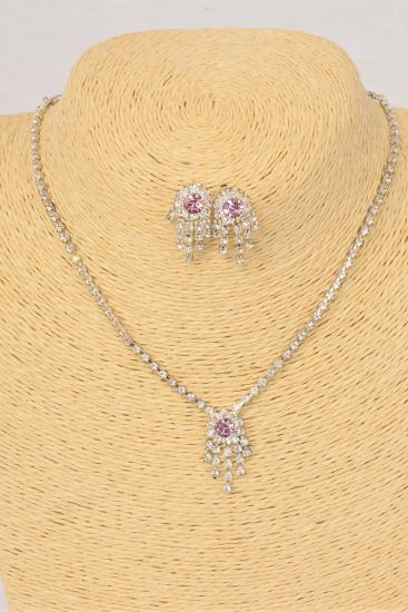 Necklace Sets Choker Rhinestone Tear Drop  Pink Post / Sets Pink , Post , 16" Extension Chain , Velvet Display Card & Opp Bag & UPC Code
