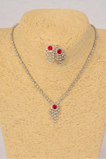 Necklace Sets Choker Red Rhinestones / Sets Red , Post , 16" Extension Chain , Velvet Display Card & Opp Bag & UPC Code