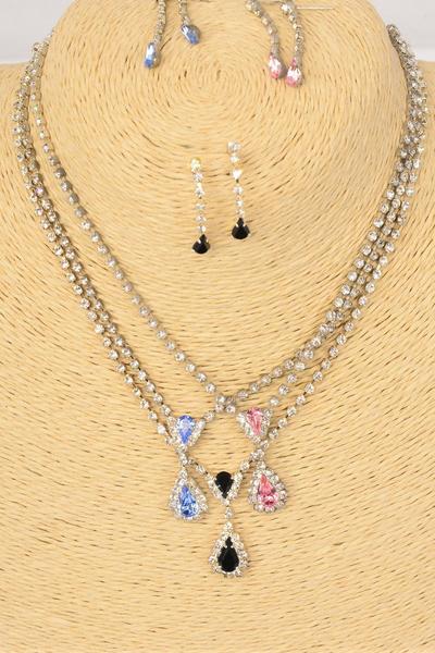 Necklace Sets Choker Rhinestone Tear Drop/Sets **Post** Size-16" Extension Chain,Choose Colors,Velvet Display Card & OPP bag & UPC Code