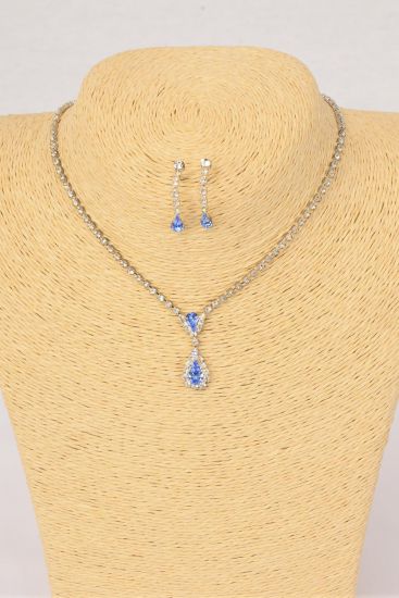 Necklace Sets Choker Rhinestone Tear Drop Blue / Sets Blue , Post , Size - 16" Extension Chain , Velvet Display Card & OPP bag & UPC Code