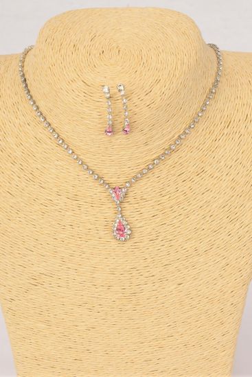 Necklace Sets Choker Rhinestone Tear Drop Pink / Sets Pink , Post , Size - 16" Extension Chain , Velvet Display Card & OPP Bag & UPC Code