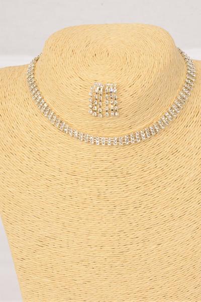 Necklace Sets Silver Choker 3 Layered Rhinestones / Sets Post , Size-16" Extension Chain , Display Card & OPP Bag & UPC Code