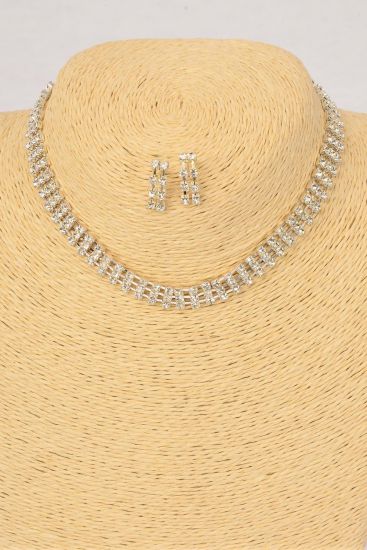 Necklace Sets Choker Silver 3 Strands Rhinestones Post / Sets Silver , Size-16" Extension Chain , Display Card & OPP Bag & UPC Code