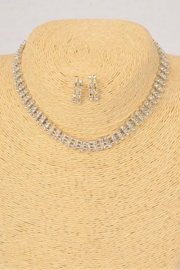 Necklace Sets Choker Silver 3 Strands Rhinestones Post / Sets  Silver , Post , Size - 16" Extension Chain , Display Card & OPP Bag & UPC Code