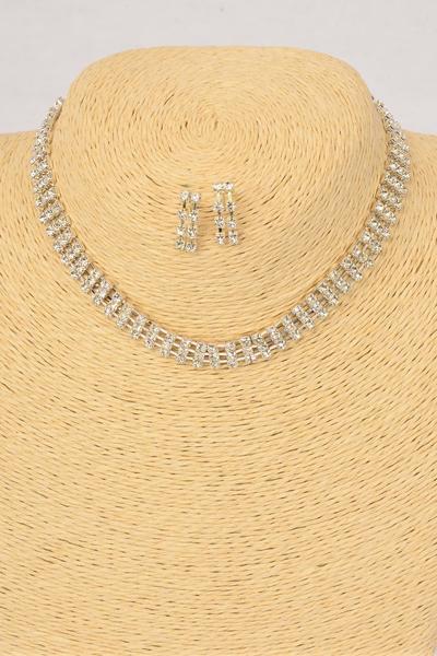 Necklace Sets Choker Silver 3 Strands Rhinestones Post / Sets Silver , Size-16" Extension Chain , Display Card & OPP Bag & UPC Code