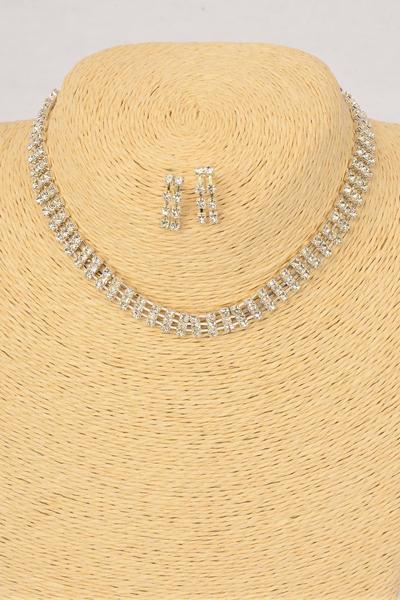 Necklace Sets Choker Silver 3 Strands Rhinestones Post / Sets  Silver , Post , Size - 16" Extension Chain , Display Card & OPP Bag & UPC Code