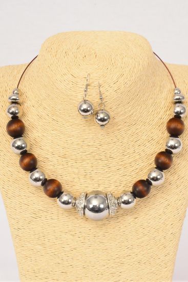 Necklace Sets Choker 18 mm Wooden Beads Brown / Sets Flexable , Earring -Fish Hook , Size - 16" Wide , Hangtag & Opp Bag & UPC Code
