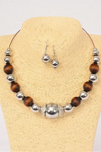 Necklace Sets Choker 18 mm Wooden Beads Brown / Sets Flexable , Earring -Fish Hook , Size - 16" Wide , Hangtag & Opp Bag & UPC Code