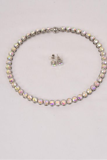 Necklace Sets Choker Iridescent CZ Cubic Zirconium Magnetic Catch / Sets  Magnetic Catch , Post , 16 Wide , Flexible , Velvet Display Card & OPP Bag 