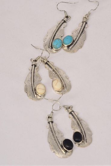 Earrings Metal Antique Feather Symbol Semiprecious Stone / 12 pair Flower = Dozen Fish Hook , Size - 1.25" x 0.75" Wide , 4 Black , 4 Ivory , 4 Turquoise Asst , Earring Card & OPP Bag & UPC Code