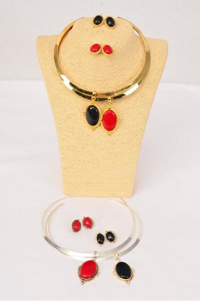 Necklace Sets Choker Poly Oval Pendant / Sets Post , Size-16" Wide , Flexible , Display Card & Opp Bag & UPC Code , Choose Colors