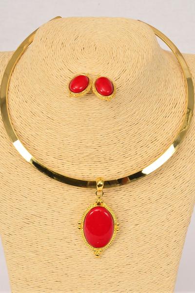 Necklace Sets Choker Poly Oval Pendant / Sets Post , Size-16" Wide , Flexible , Display Card & Opp Bag & UPC Code , Choose Colors