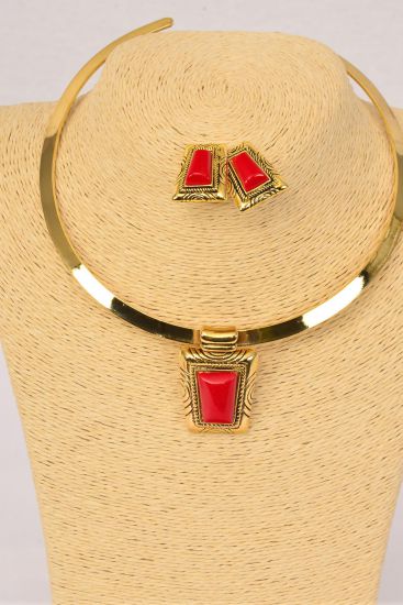 Necklace Sets Gold Choker Poly Pandent Red Post/Sets **Red** Post,Size-16" Wide,Flexible,Display Card & Opp Bag & UPC Code