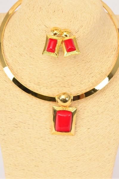 Necklace Sets Gold Choker Red Poly Oblong Pendant / Sets Red , Post , Size-16" Wide , Flexible , Display Card & Opp Bag & UPC Code