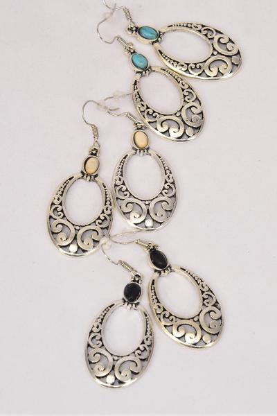 Earrings Metal Antique Oval Western Like Semiprecious Stone / 12 pair = Dozen  Fish Hook , Size - 1.5" x 1.25" Wide , 4 Black , 4 Ivory , 4 Turquoise Asst , Earring Card & OPP Bag & UPC Code 