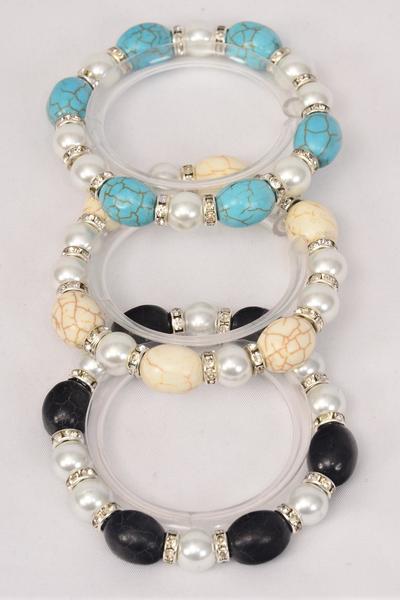 Bracelet 12 mm Glass Pearl Oval Semiprecious Stone Mix / 12 pcs = Dozen Stretch , 4 Ivory , 4 Black , 4 Turquoise Mix , Hang Tag & Opp Bag & UPC Code 