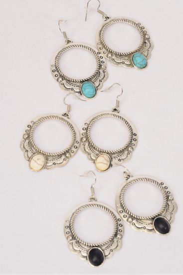 Earrings Metal Antique Round Western Like Semiprecious Stone /  12 pair = Dozen Fish Hook , Size - 1.5" x 1.25" Wide , 4 Black , 4 Ivory , 4 Turquoise Asst , Earring Card & OPP Bag & UPC Code