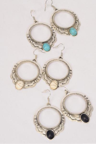 Earrings Metal Antique Round Western Like Semiprecious Stone /  12 pair = Dozen Fish Hook , Size - 1.5" x 1.25" Wide , 4 Black , 4 Ivory , 4 Turquoise Asst , Earring Card & OPP Bag & UPC Code