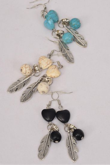 Earrings Metal Antique Feather & Hearts Semiprecious Stone / 12 pair = Dozen Fish Hook , 4 Black , 4 Ivory , 4 Turquoise Asst , Earring Card & OPP Bag & UPC Code